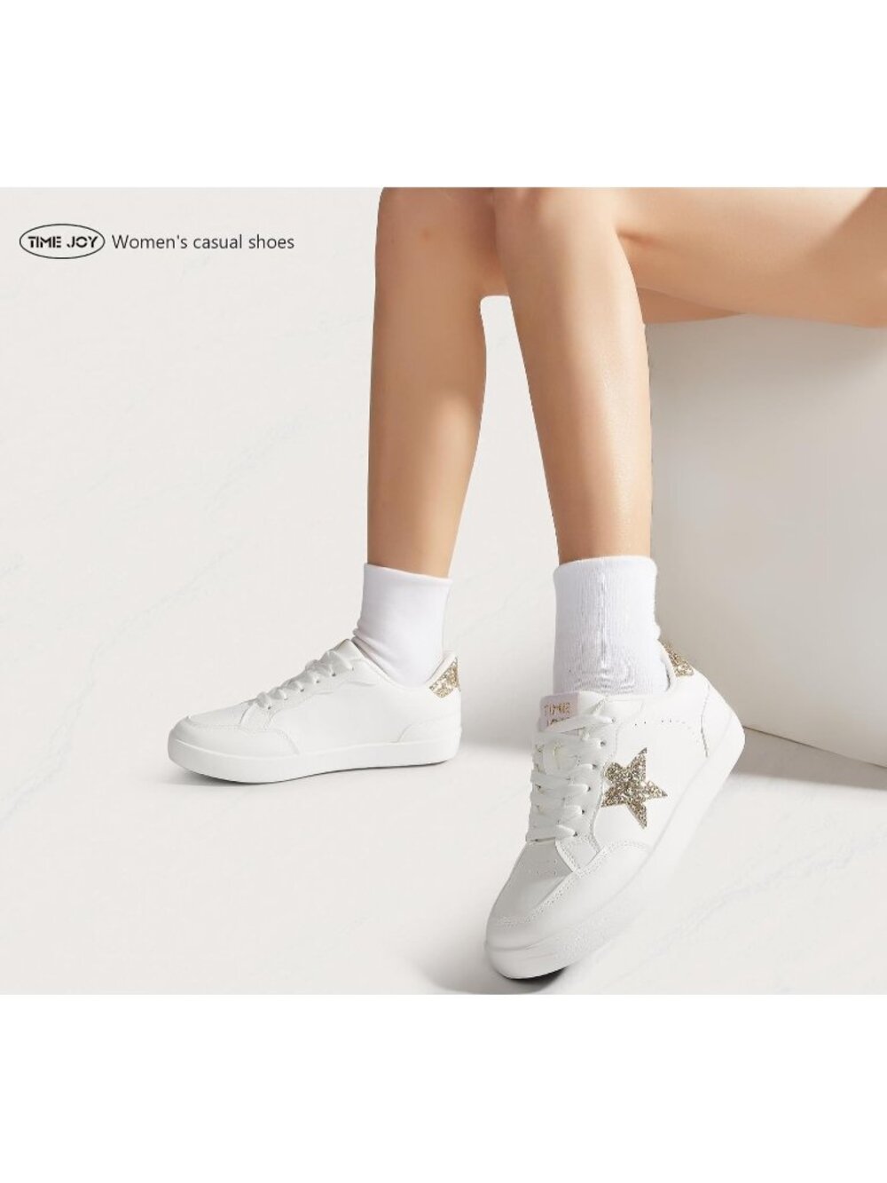 Women's White/Gold Glitter Stylish Sequins Lace-Up Low Top Fashion Star Sneakers - Picture 3 of 7
